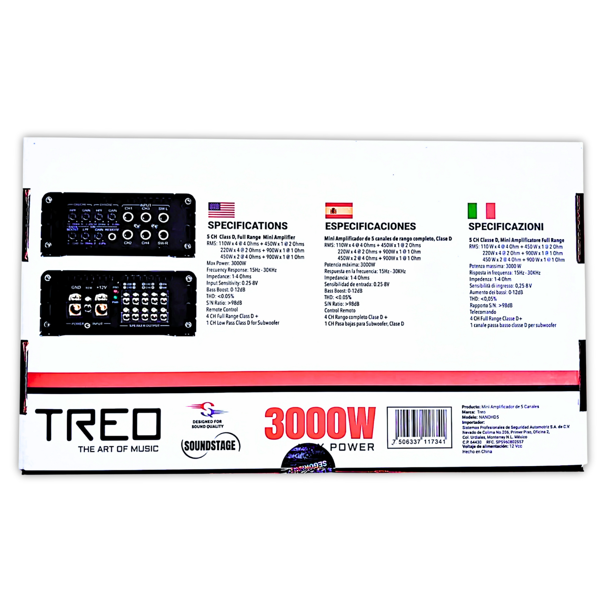 Mini Amplificador 5 Canales Treo NANOHD5 3000 Watts Clase D