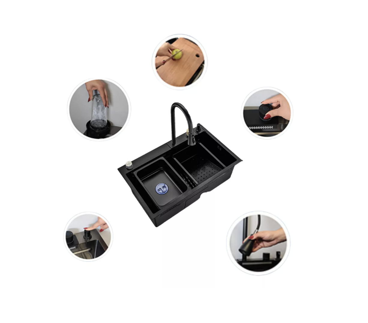 Tarja Sencilla para Empotrar en Negro Mate Fabricada en Acero Inoxidable, Incluye Mezcladora, Limpia Vasos, Dispensador de Jabón, Escurridor, Depósito Secundario, Contra Canasta 