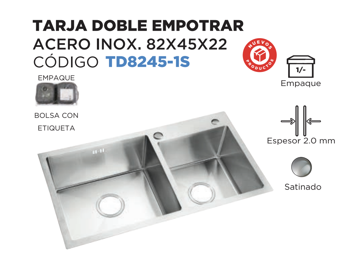 Tarja Doble para Empotrar con Acabado Satinado Fabricada en Acero Inoxidable (82 cm x 45 x 22 cm)