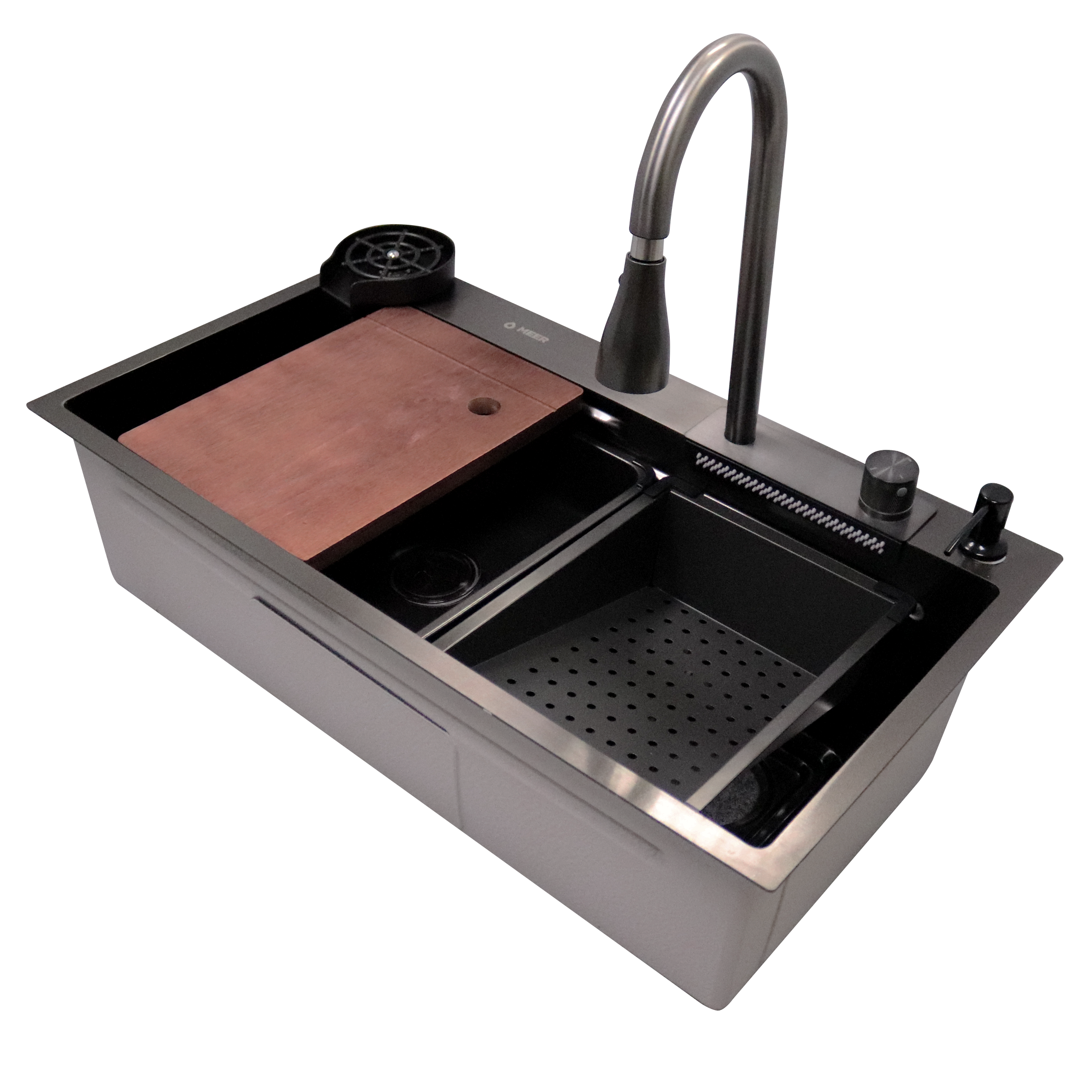 Tarja Sencilla para Empotrar en Negro Mate Fabricada en Acero Inoxidable, Incluye Mezcladora, Limpia Vasos, Dispensador de Jabón, Escurridor, Depósito Secundario, Contra Canasta 