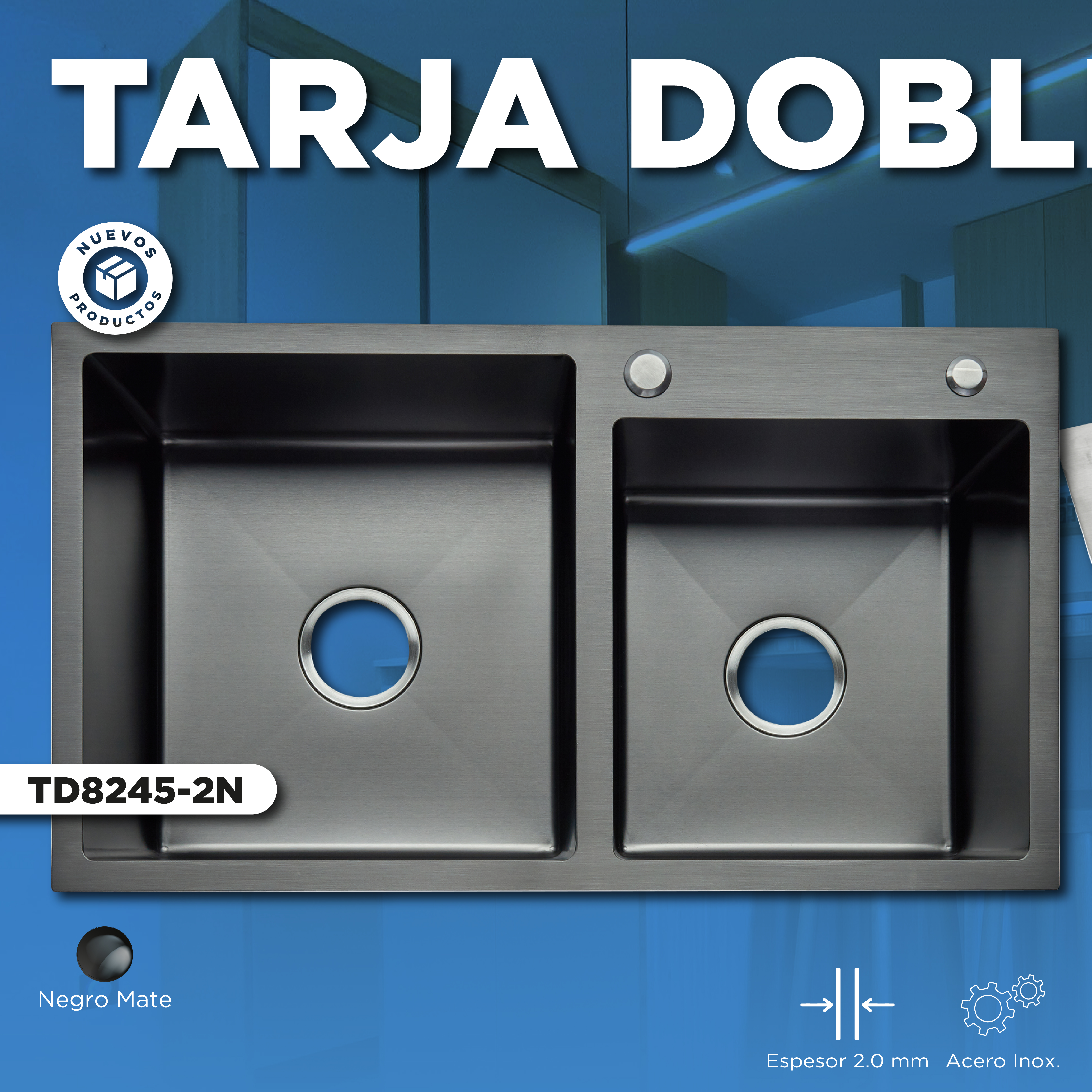 Tarja Doble de Acero Inoxidable Para Empotrar Color Negro (82 cm x 45 x 22 cm), Tarja de dos tinas 