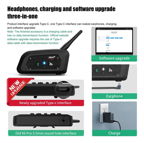 Par de intercomunicadores para cascos de moto Ejeas V6 Pro con Bluetooth Negro