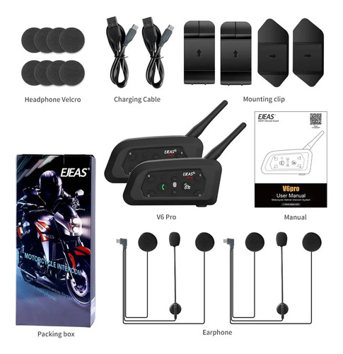 Par de intercomunicadores para cascos de moto Ejeas V6 Pro con Bluetooth Negro
