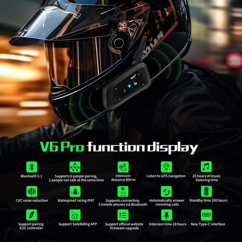 Par de intercomunicadores para cascos de moto Ejeas V6 Pro con Bluetooth Negro