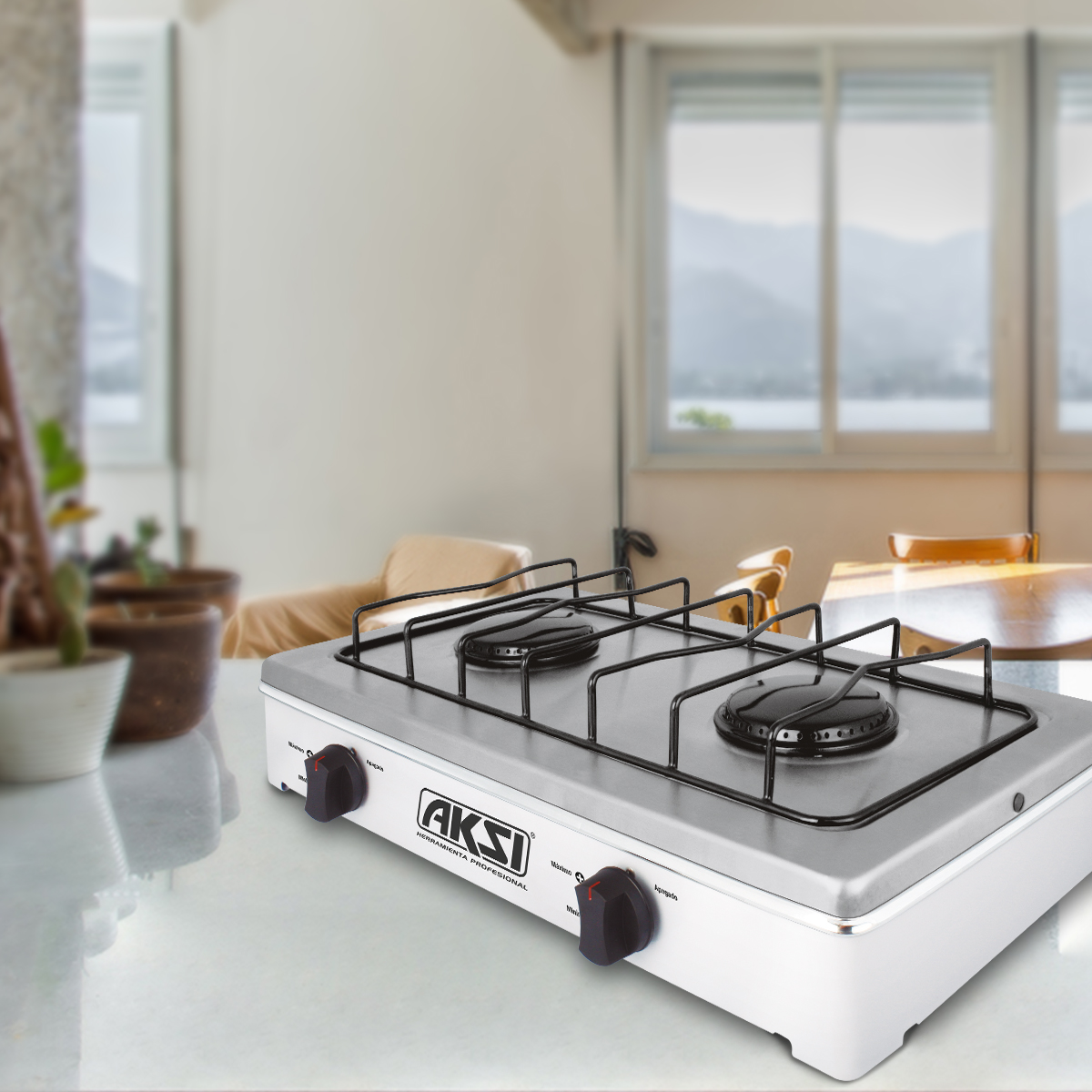 Estufa De Mesa Aksi 2 Quemadores Blanco Acero Inoxidable