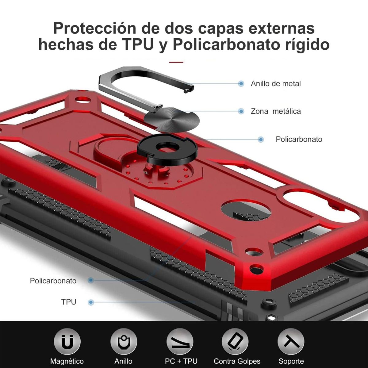 Funda Con Anillo Soporte Uso Rudo Para Moto Edge 50 Fusion Rojo + Mica HD
