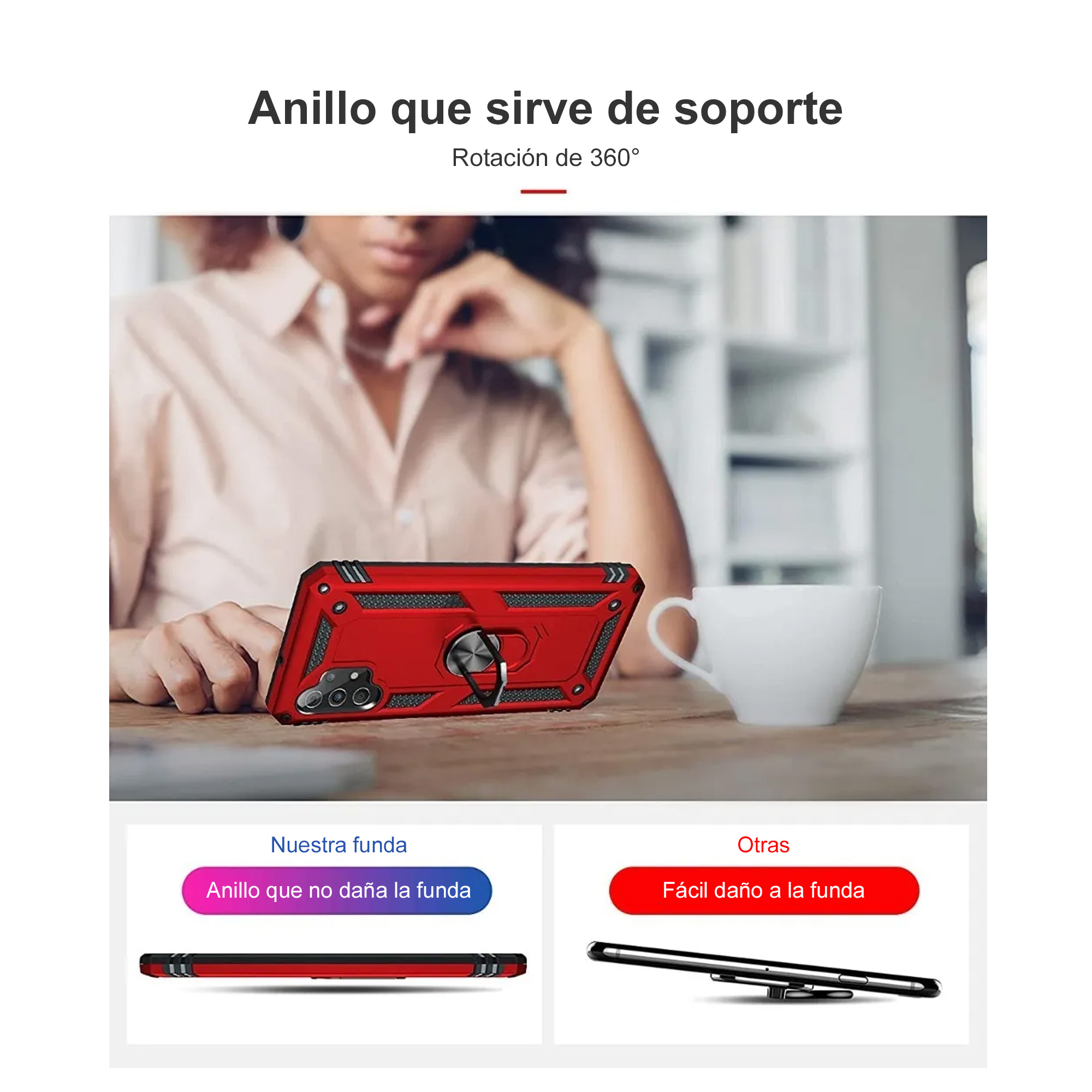 Funda Con Anillo Soporte Uso Rudo Para Moto Edge 50 Fusion Rojo + Mica HD