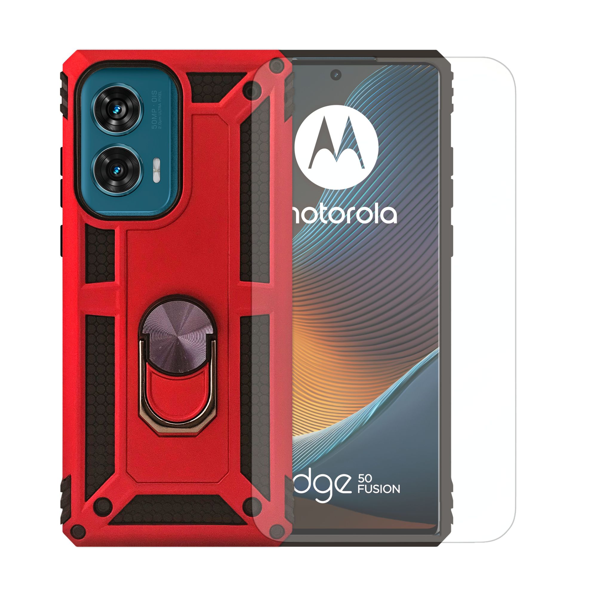 Funda Con Anillo Soporte Uso Rudo Para Moto Edge 50 Fusion Rojo + Mica HD