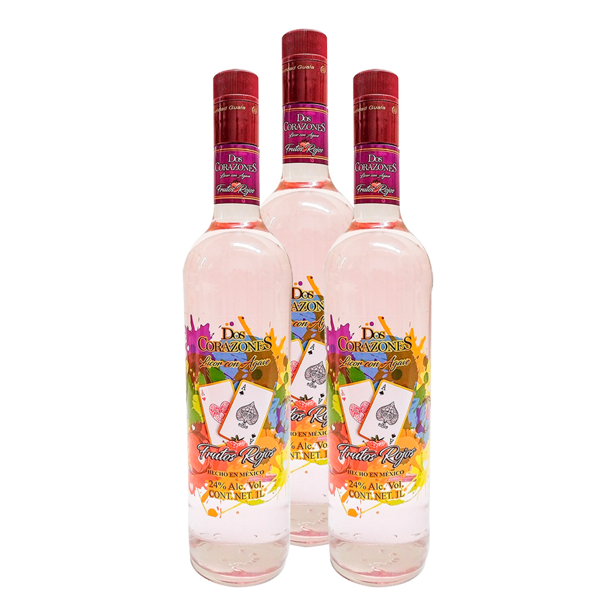 Tripack Licor con Agave Dos Corazones Frutos Rojos 1l.