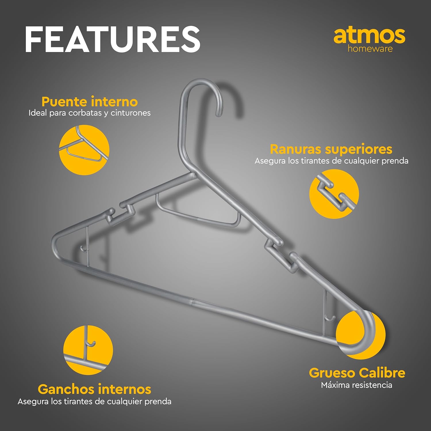 Atmos Homeware Ganchos para Ropa | 100 Ganchos de Plástico Premium para Colgar Ropa | Gruesos, Resistentes y Duraderos | Paquete de 100 Perchas Color Plata