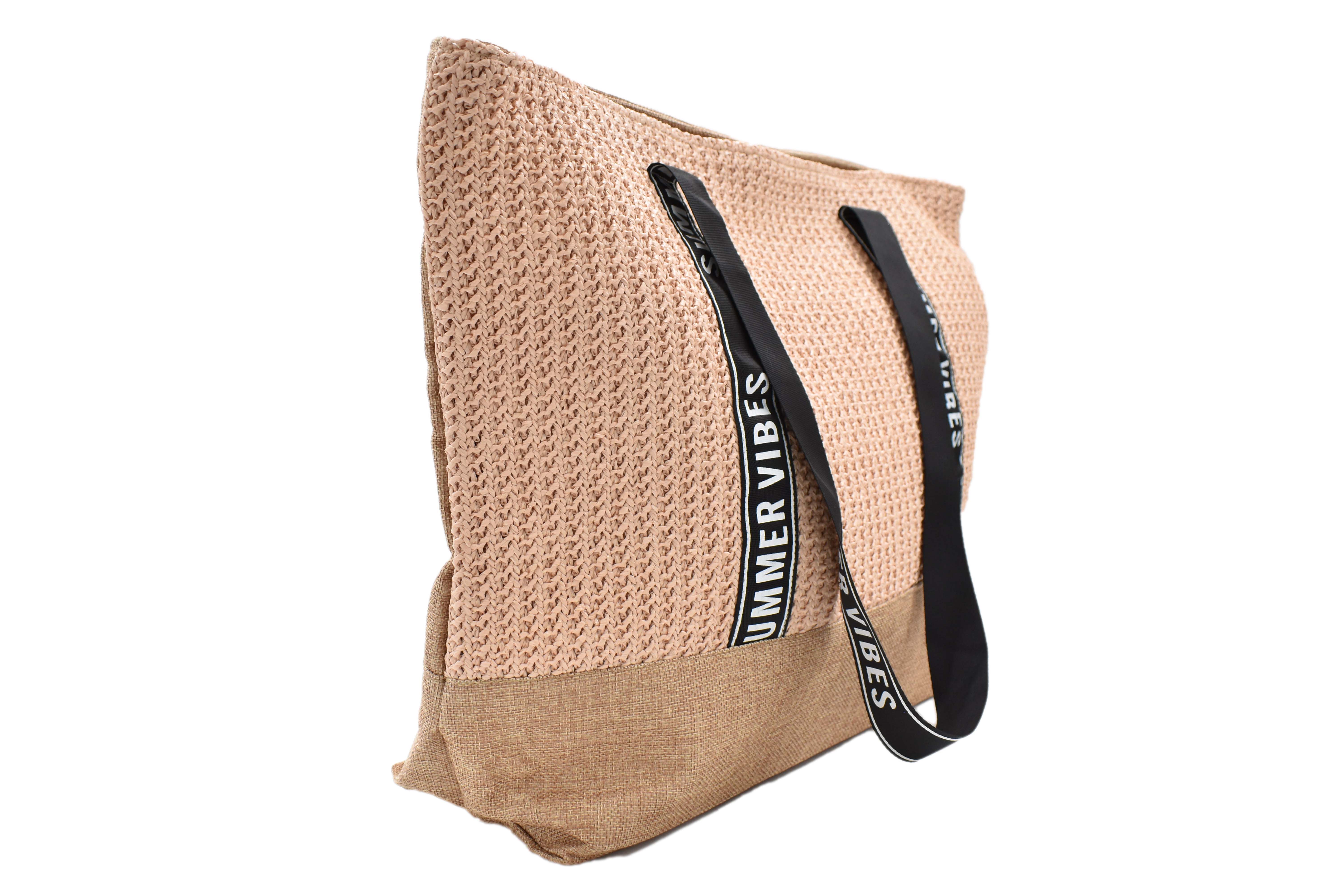Bolsa de playa beige con café