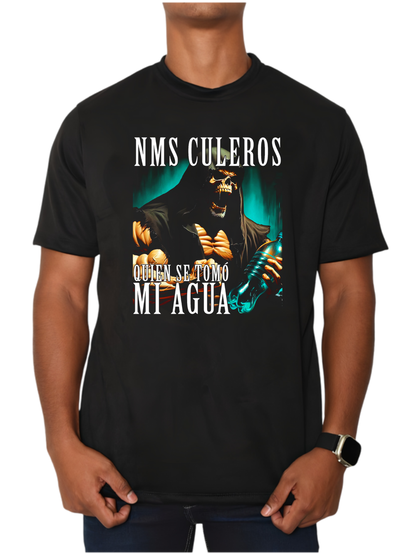 Playera manga corta algodón calacas chidas gym "Quien se tomó mi agua" 