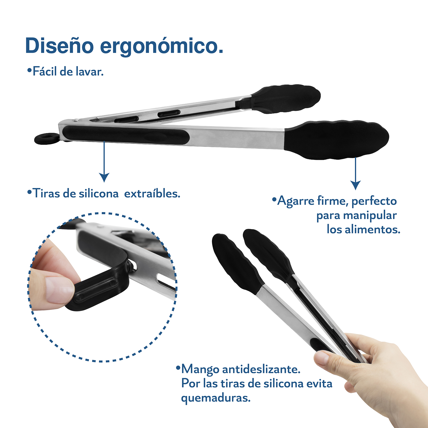 Kit de 3 Pinzas de cocina Silicona y acero inoxidable Color Negro