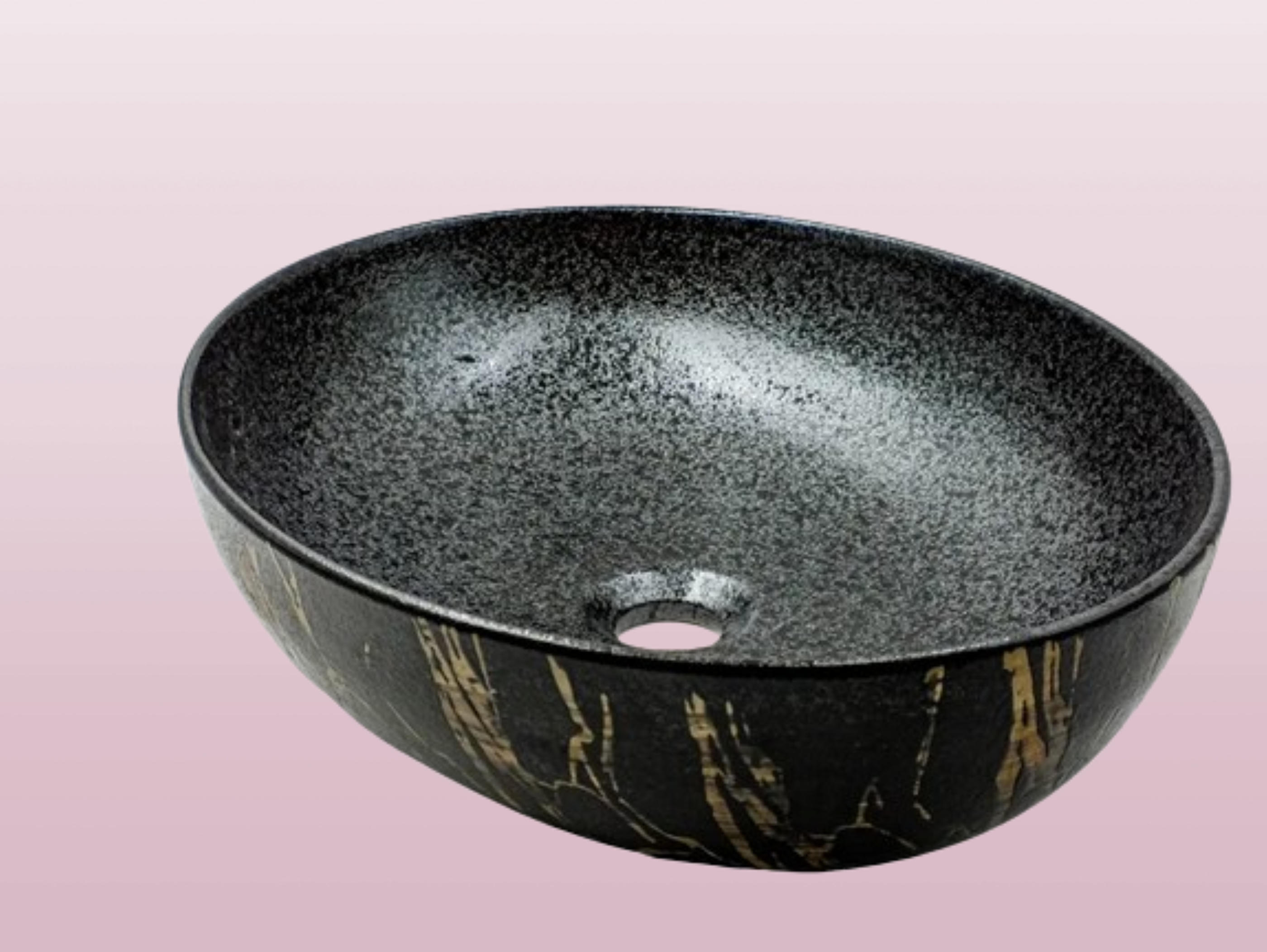 Lavabo Cerámico para Baño ZAN, colores negro y cobrizo con texturas en relieve. Acabado exterior mate.  De sobreponer con diseño europeo ideal para todo tipo de baños. Dimensiones 51.5x39x14.5 cms