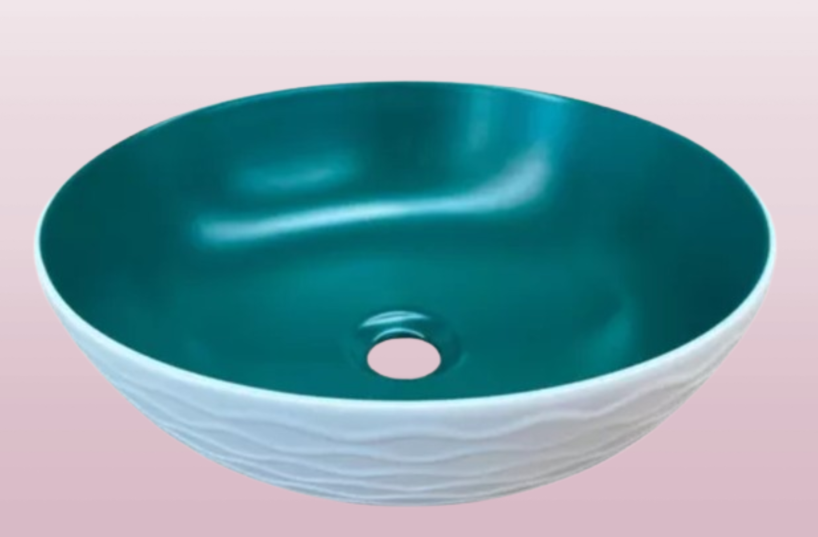Lavabo Cerámico para Baño KAU, forma redonda color en el exterior blanco mate con textura en alto relieve y acabado rústico, esmalte verde en el interior. De sobreponer con diseño europeo ideal para todo tipo de baños. Dimensiones 400x400x135 mm