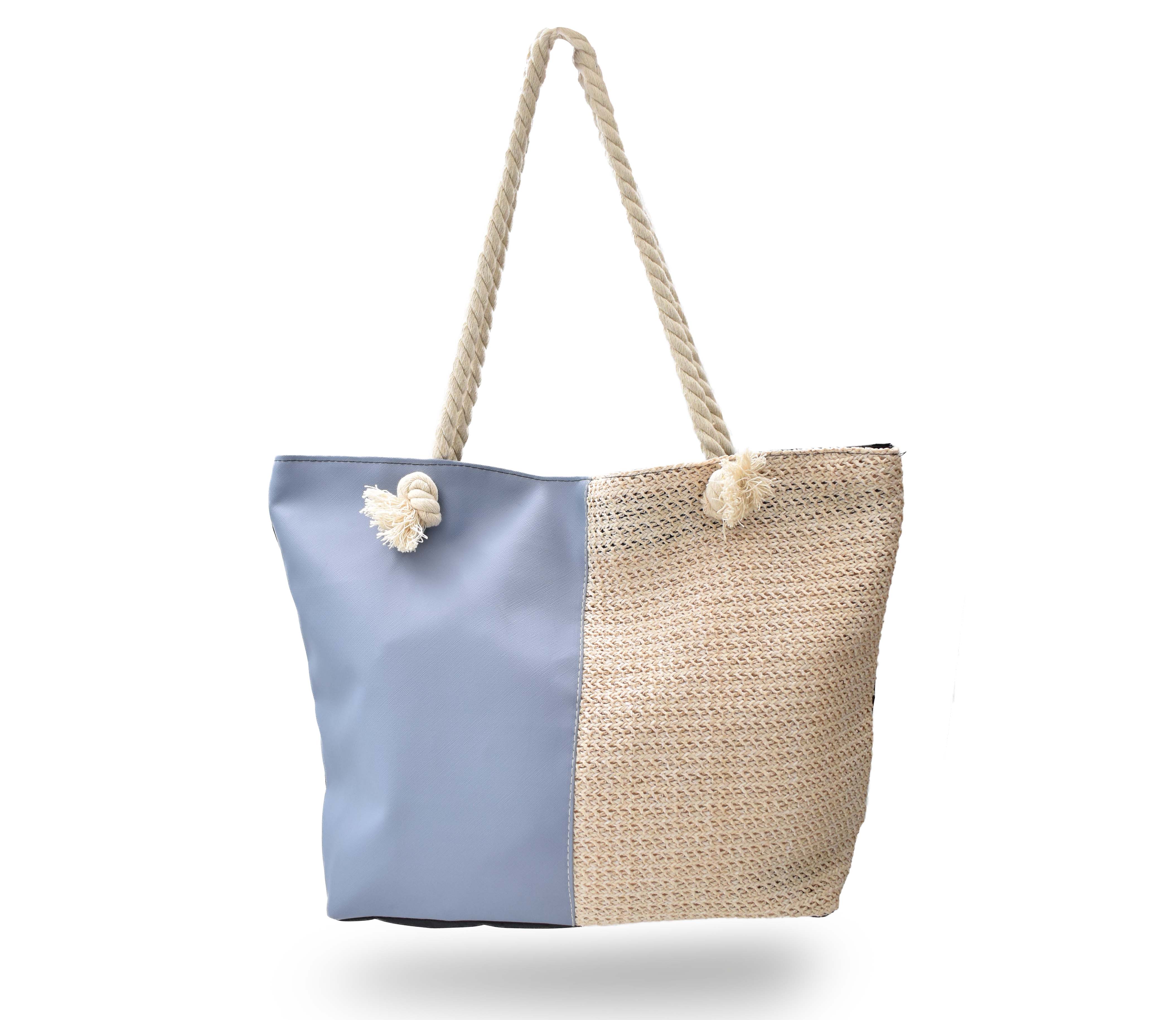Bolsa de Playa con Diseño Chic: Frente Beige/Azul y Espalda Negra