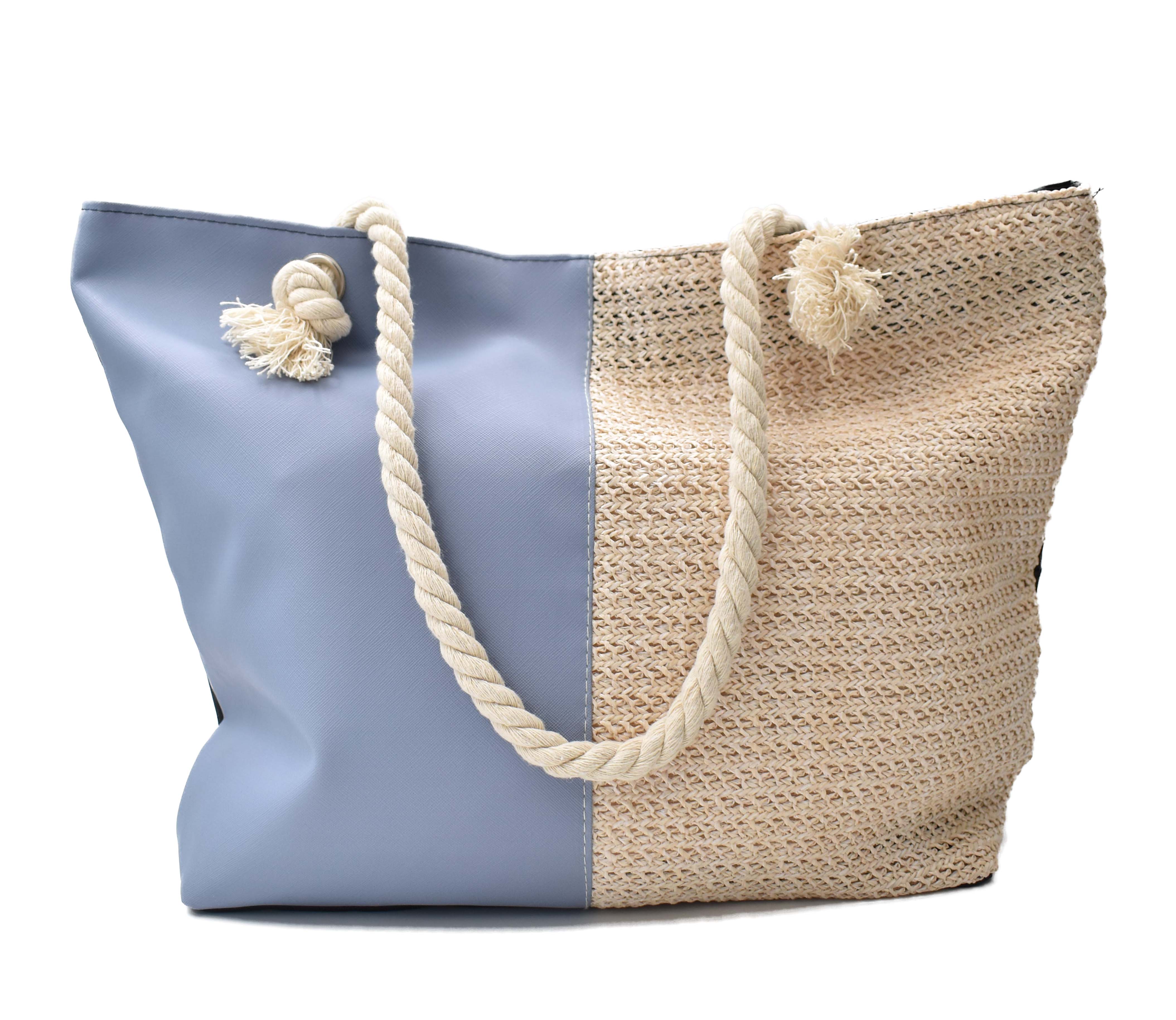 Bolsa de Playa con Diseño Chic: Frente Beige/Azul y Espalda Negra
