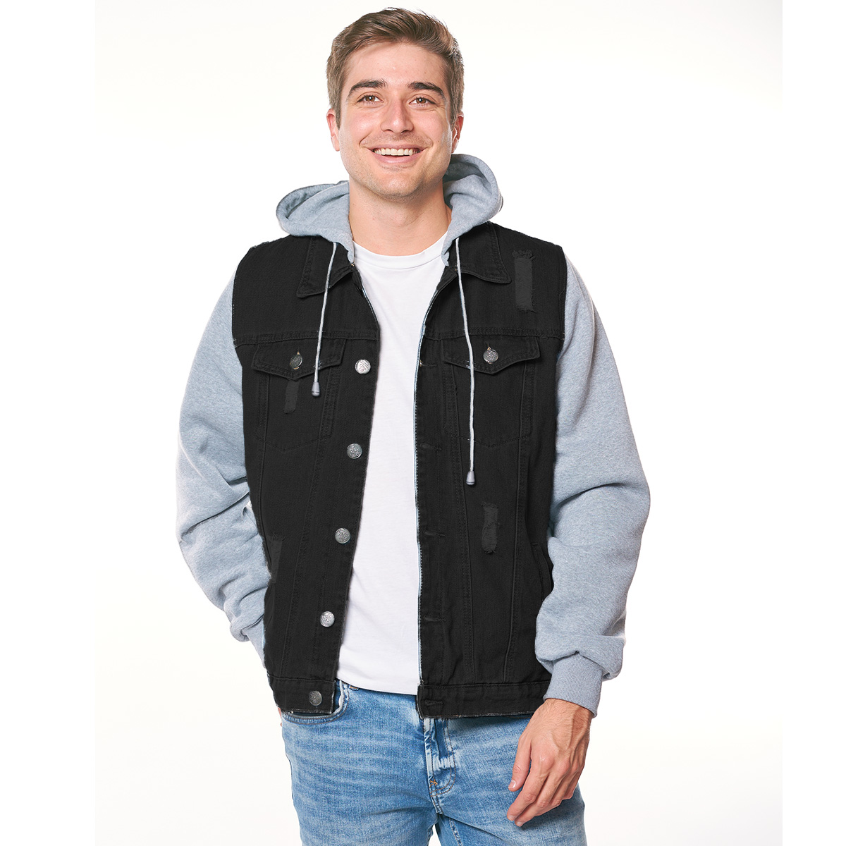 Chamarra de mezclilla con gorro tipo sudadera 
