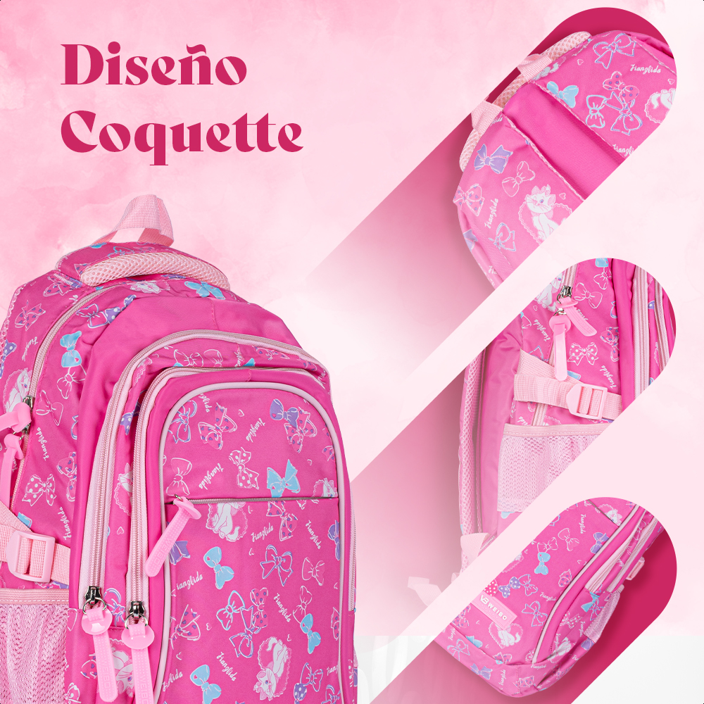 Kit Escolar Mochila Lonchera Lapicera Aristogatos Rosa