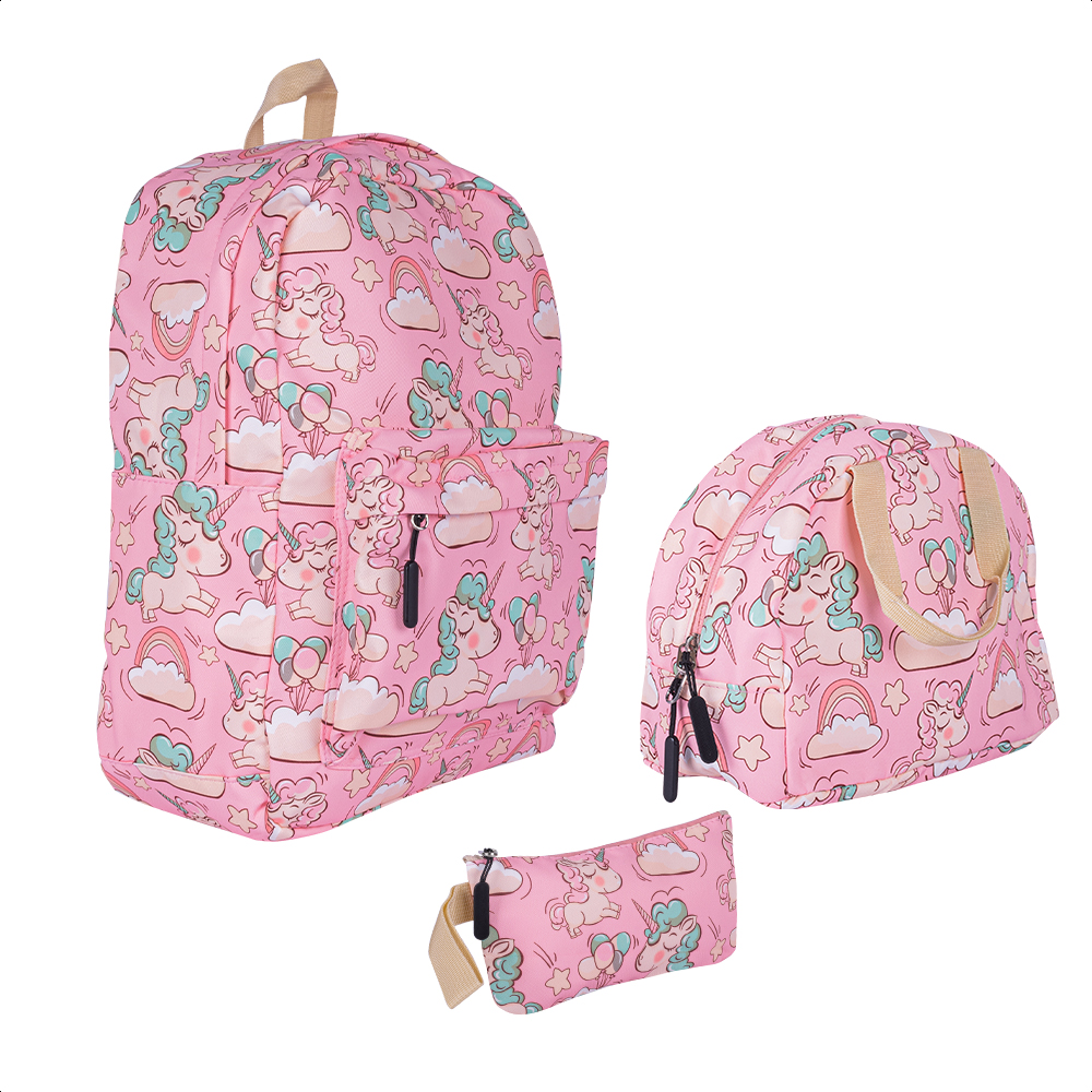 Kit Escolar Coquette Mochila Lonchera Lapicera Unicornio Ros