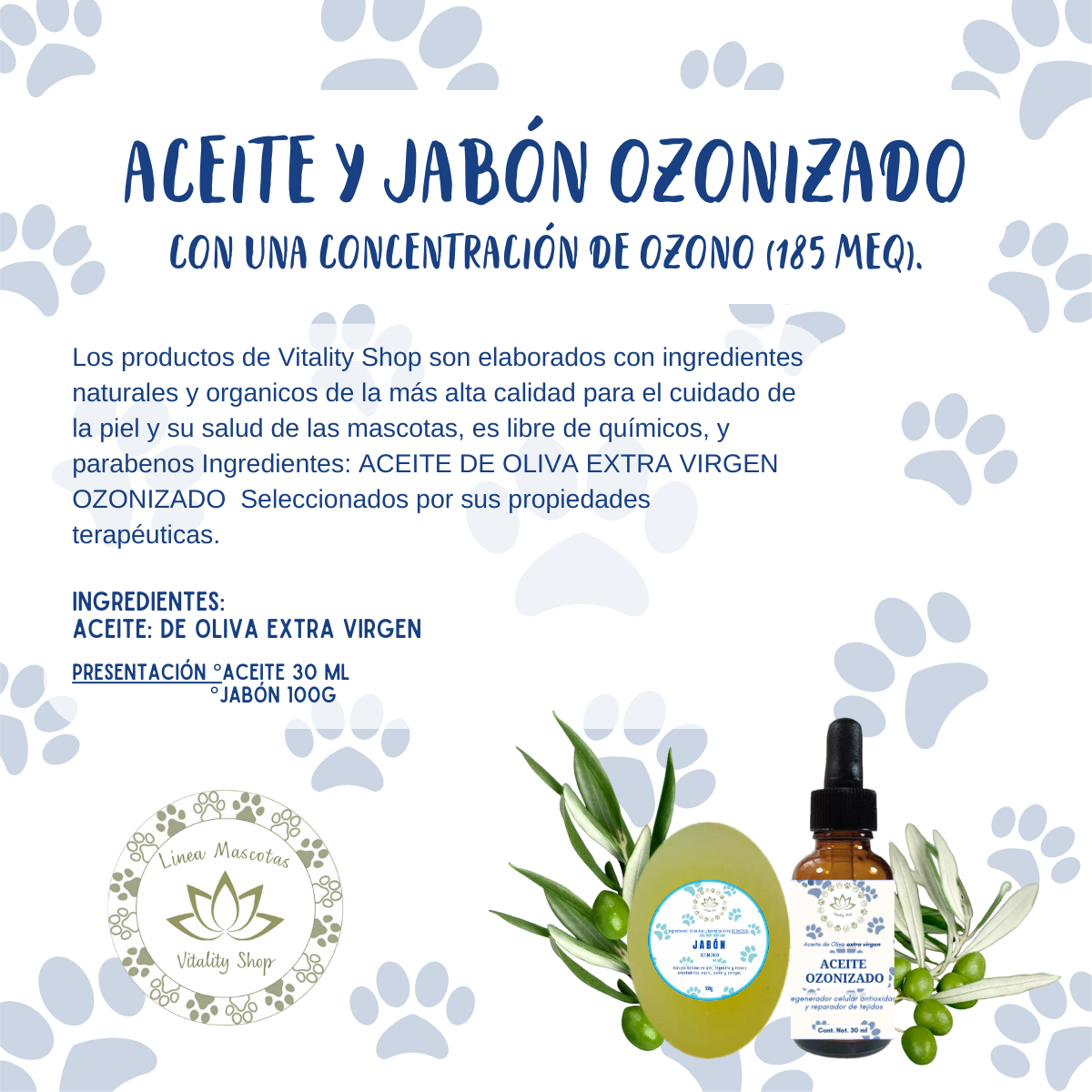 Jabon y aceite ozonizado para lavar heridas y cicatrización para mascotas