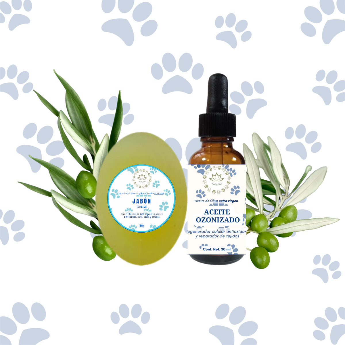 Jabon y aceite ozonizado para lavar heridas y cicatrización para mascotas