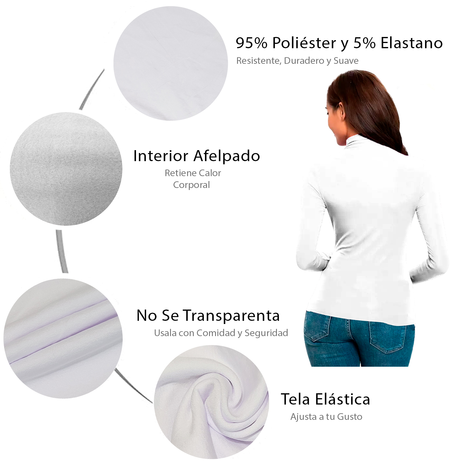 Blusa Termica  Mujer, Blanco, Manga Larga, Unitalla, Cuello Alto, Playera, Casual, Basica, Camiseta, Uso Diario