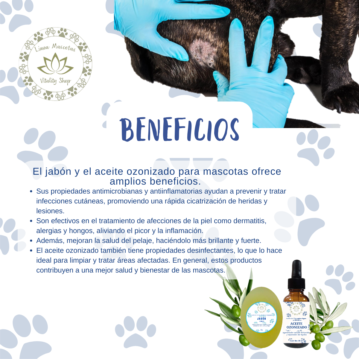 Jabon y aceite ozonizado para lavar heridas y cicatrización para mascotas