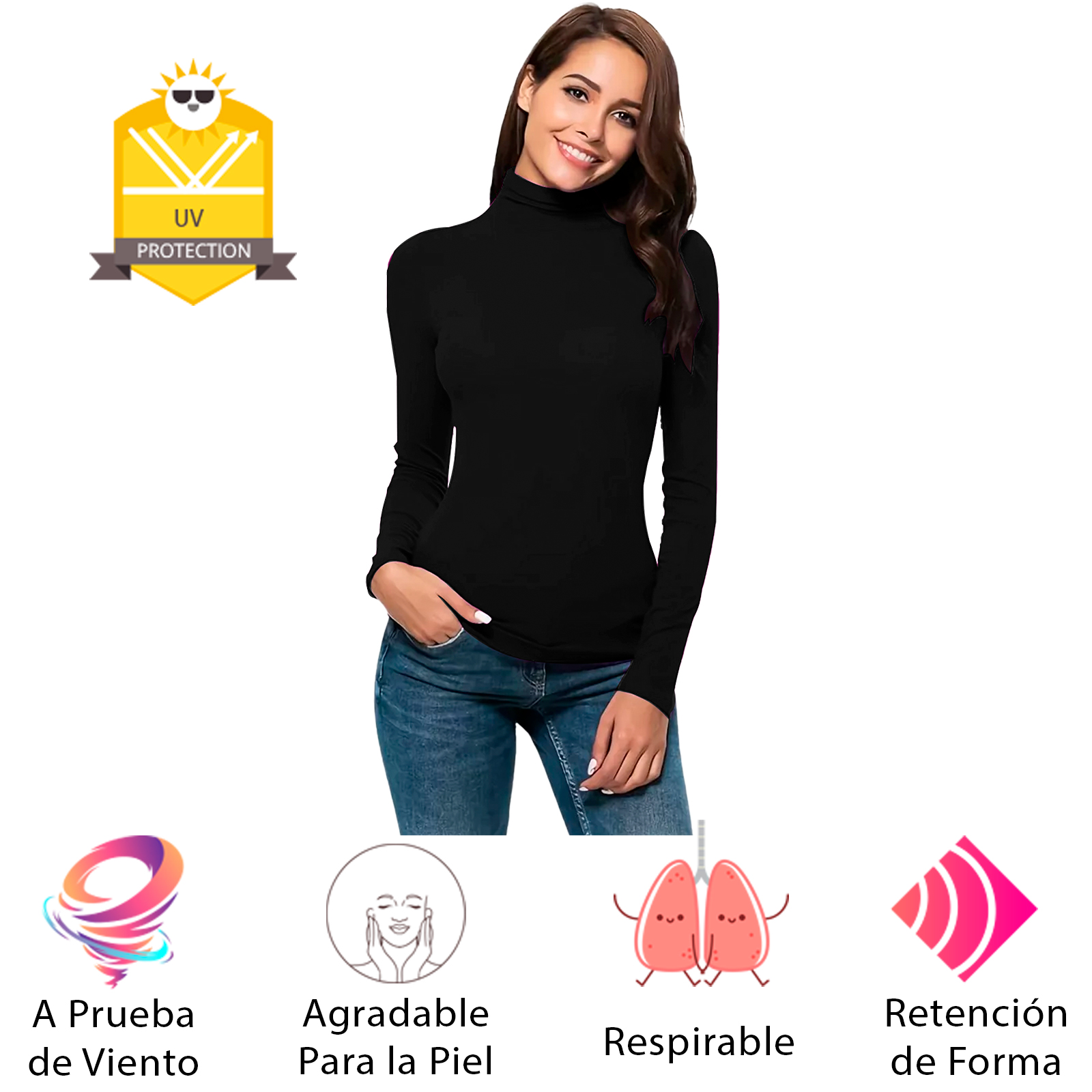 Blusa Cuello Tortuga, Termica, Color Negro, Manga Larga, Unitalla, Afelpada, Playera, Casual, Basica, Camiseta