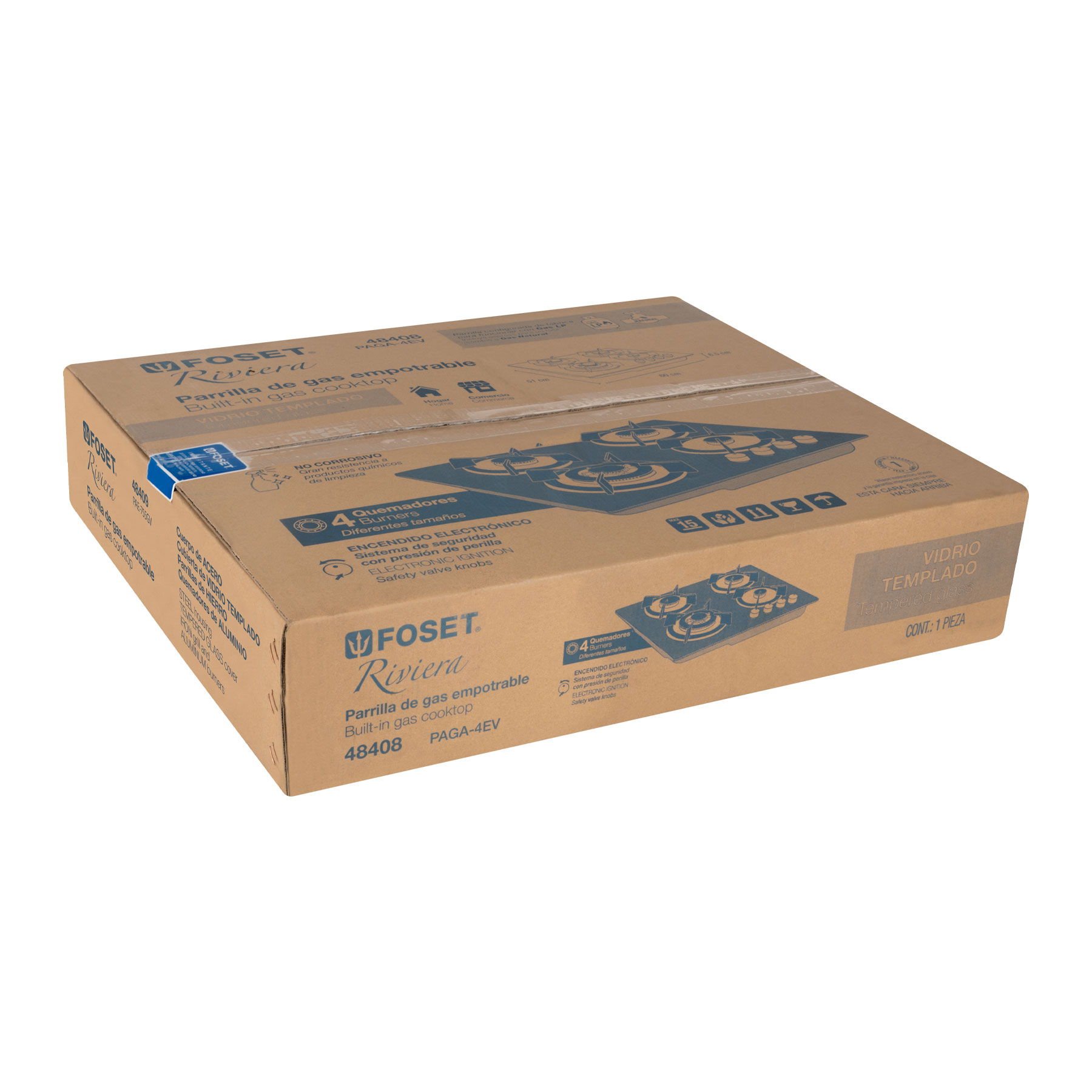 Parrilla gas empotrable 60cm, 4 quem, vidrio negro, Riviera