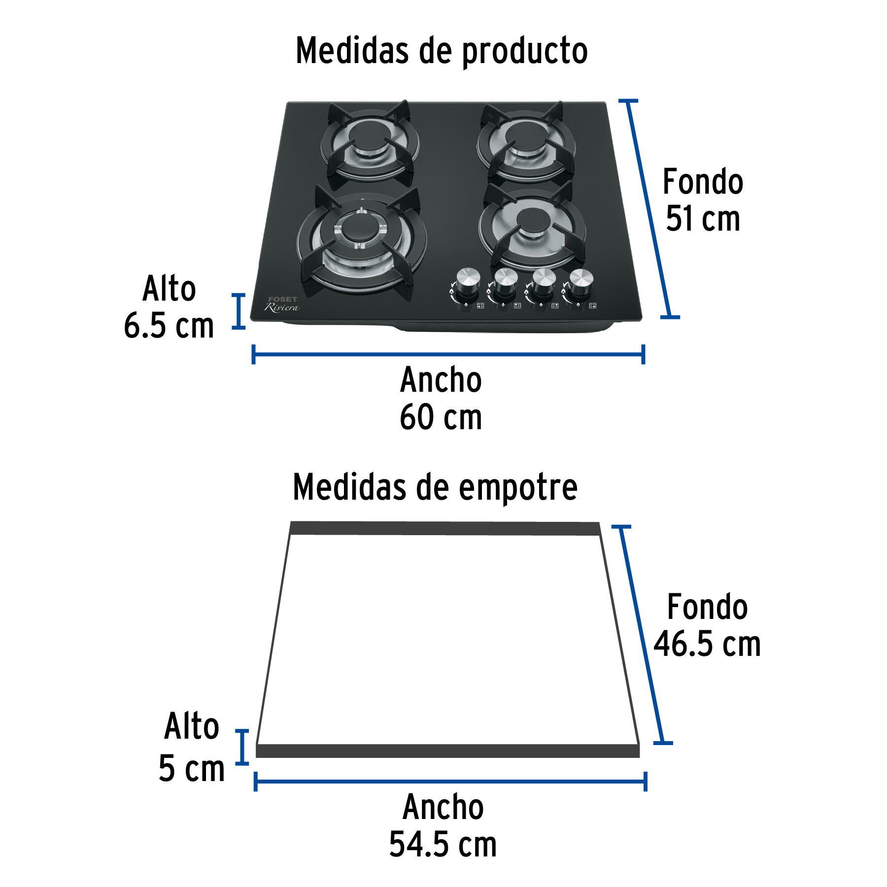 Parrilla gas empotrable 60cm, 4 quem, vidrio negro, Riviera