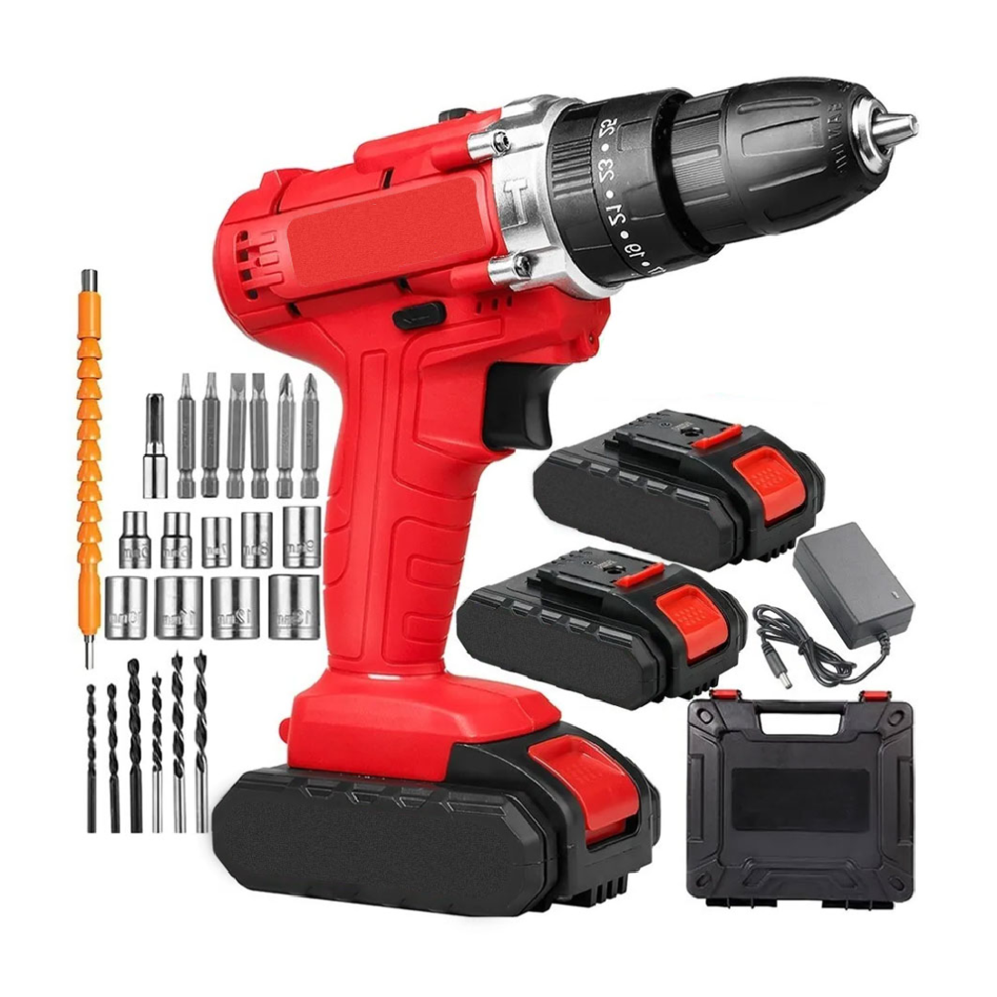 Taladro Desarmador Pistola de Impacto Kit con 24 Accesorios y Estuche.