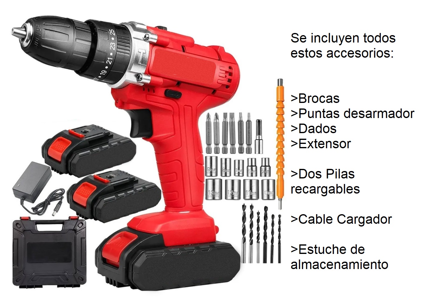 Taladro Desarmador Pistola de Impacto Kit con 24 Accesorios y Estuche.