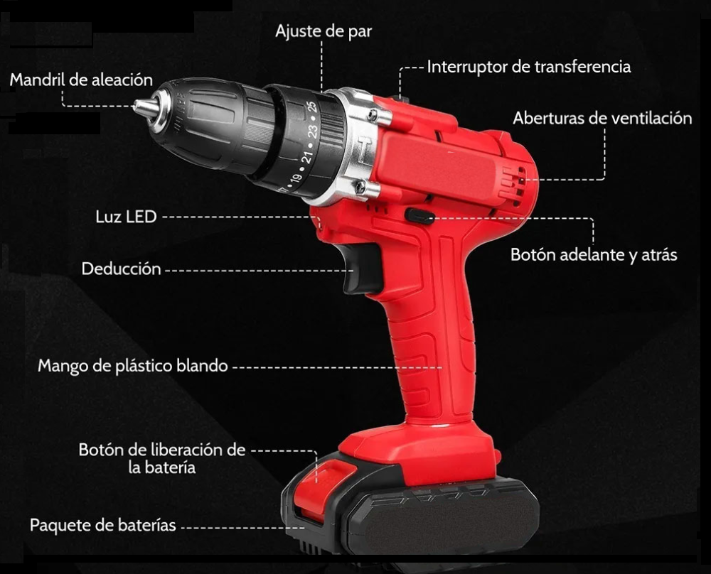 Taladro Desarmador Pistola de Impacto Kit con 24 Accesorios y Estuche.