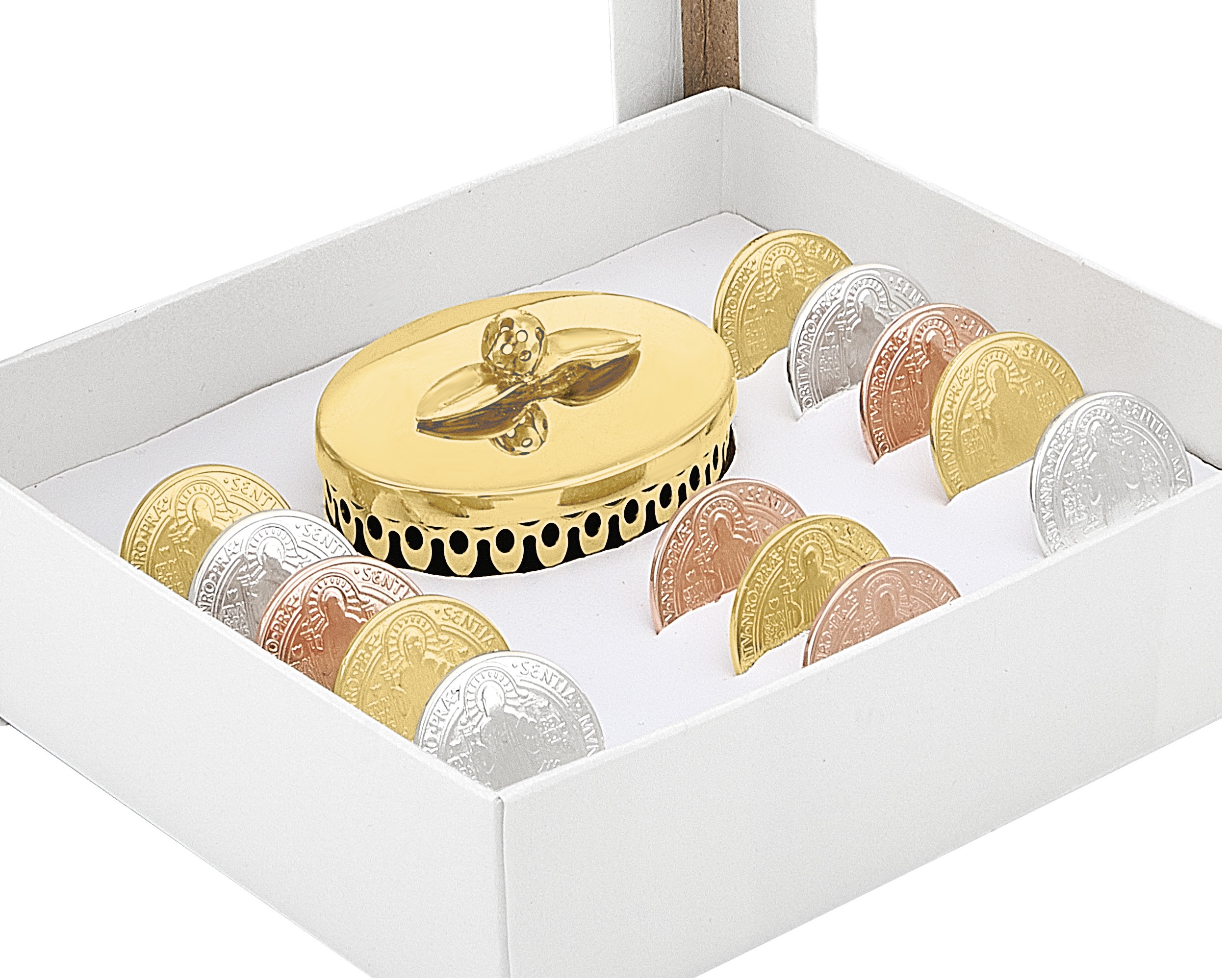 Arras Chapa de Oro 18K Horoz Matrimonio Moneda San Benito Florentino con cofre S406