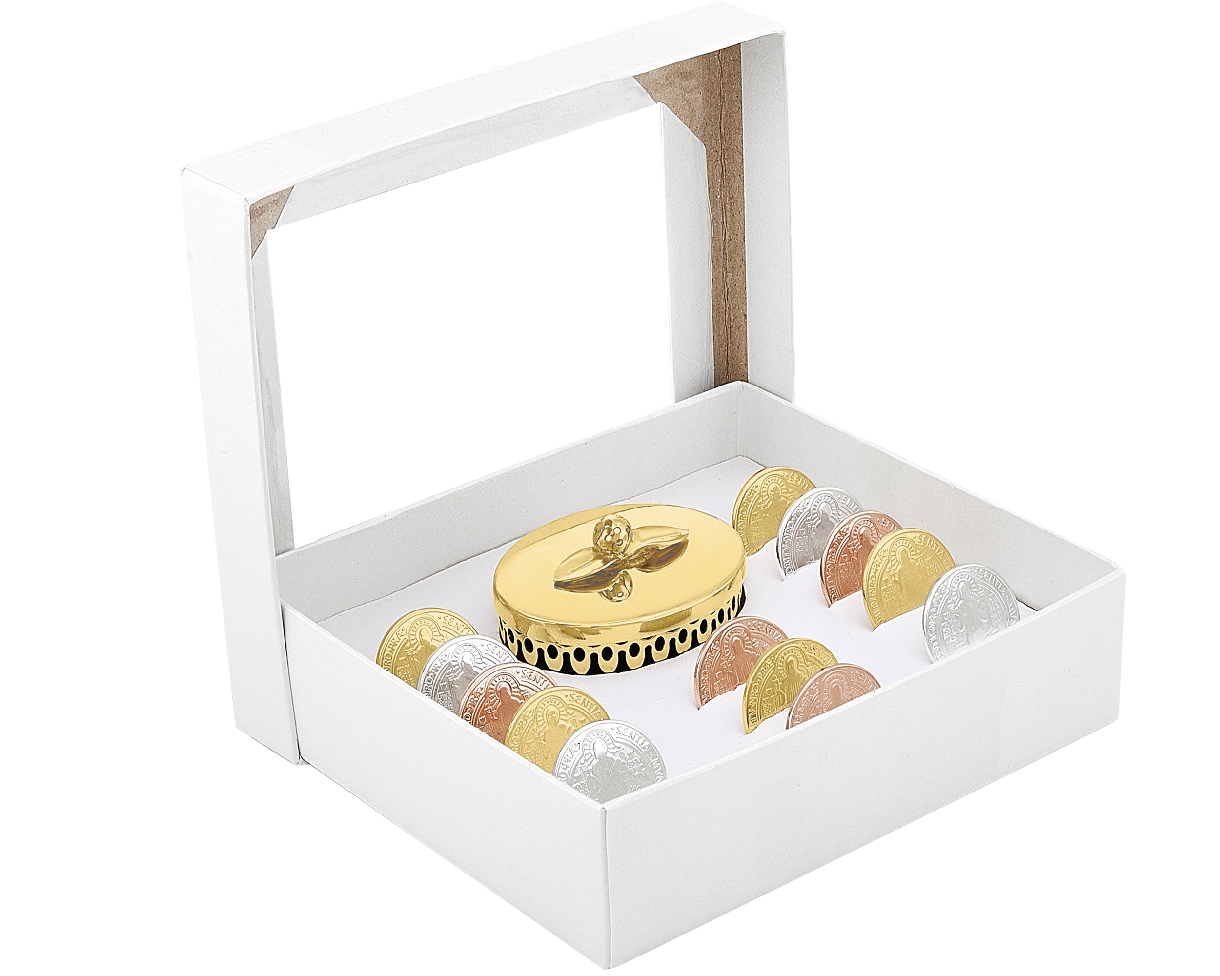Arras Chapa de Oro 18K Horoz Matrimonio Moneda San Benito Florentino con cofre S406