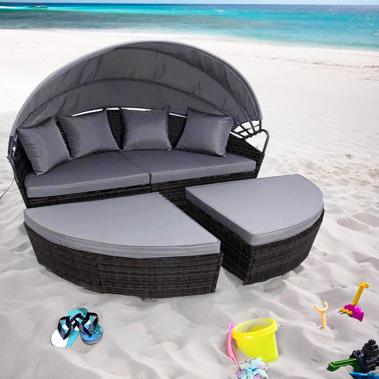 Ilios Innova Camastro Sala Jardín Lounge Mimbre con toldo retráctil | Cama para Exteriores | Cama impermeable para jardin