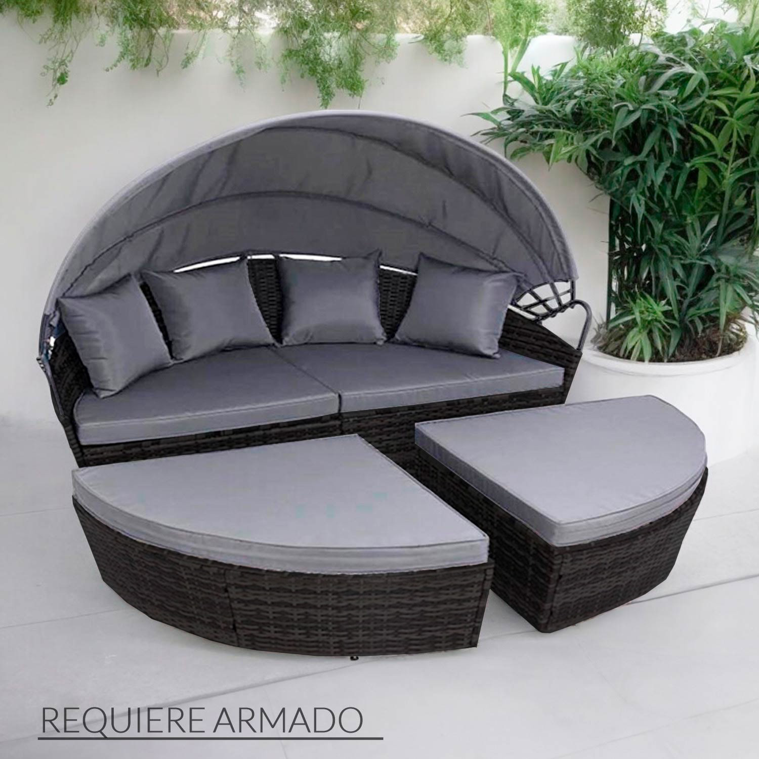 Ilios Innova Camastro Sala Jardín Lounge Mimbre con toldo retráctil | Cama para Exteriores | Cama impermeable para jardin