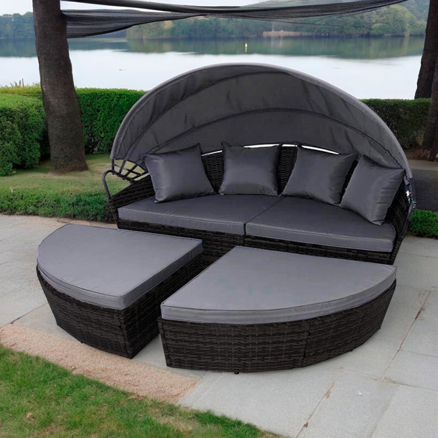 Ilios Innova Camastro Sala Jardín Lounge Mimbre con toldo retráctil | Cama para Exteriores | Cama impermeable para jardin