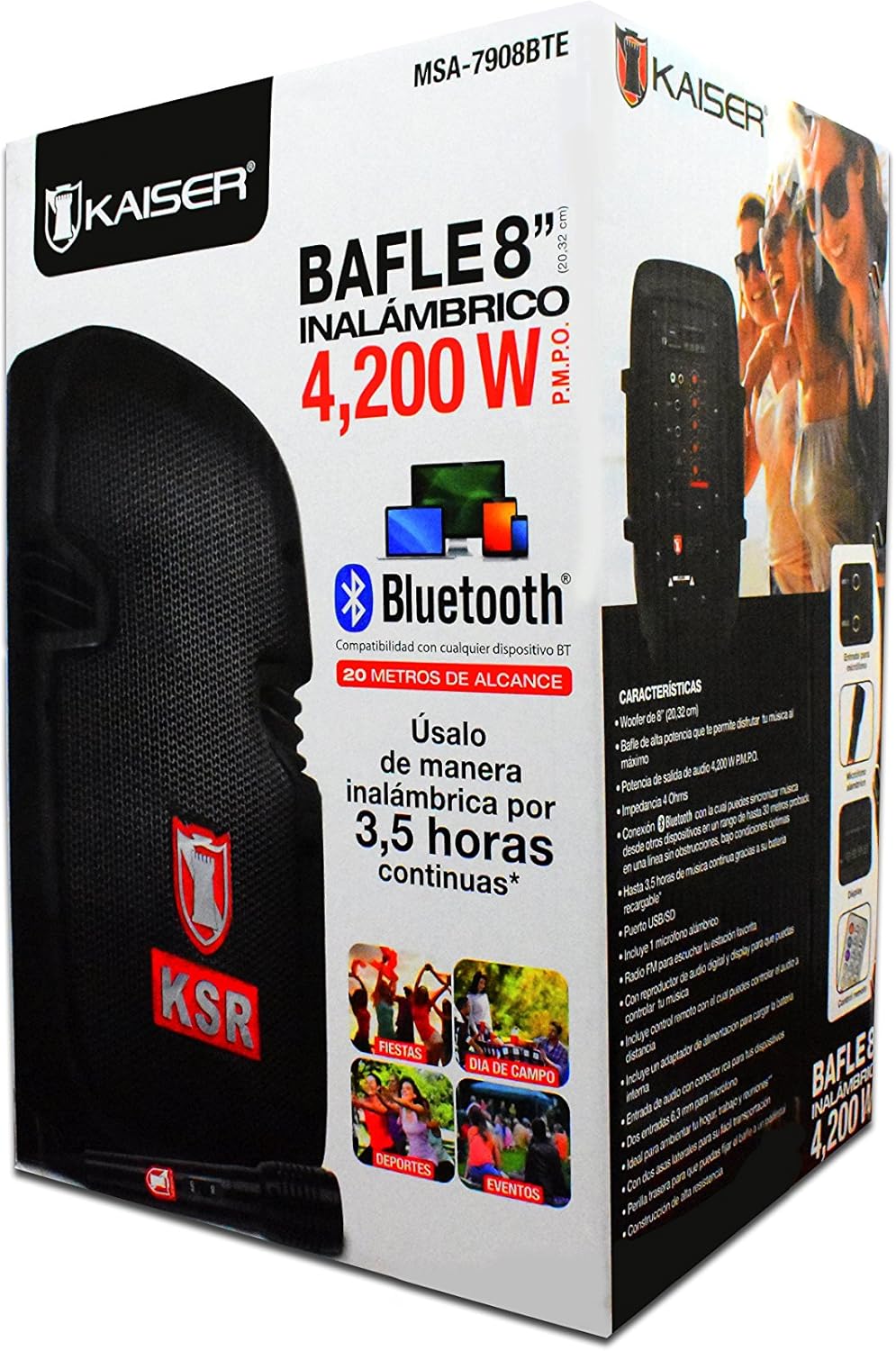 Kaiser Kit de Bafle Amplificador Inalámbrico con Bluetooth y Micrófono, 6500W, Color Negro - Modelo MSA7908MX
