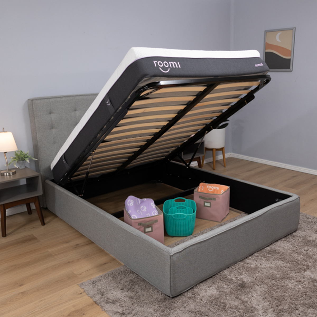 Base Matrimonial Para CoIchón Roomi, Box Con Sistema De Almacenaje Gris