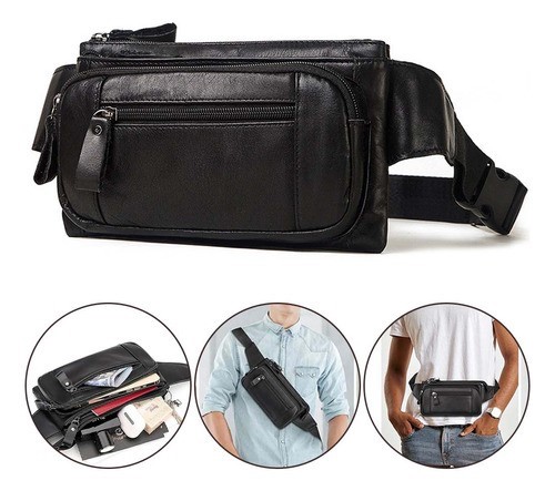 Riñoneras Para Hombre De Piel Auténtico negro 