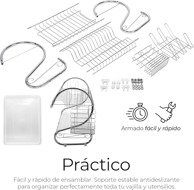 A Raganet, Escurridor de Trastes de 2 Niveles Acero Inoxidable, para Platos, Cubiertos, Vasos, Cromado Moderno