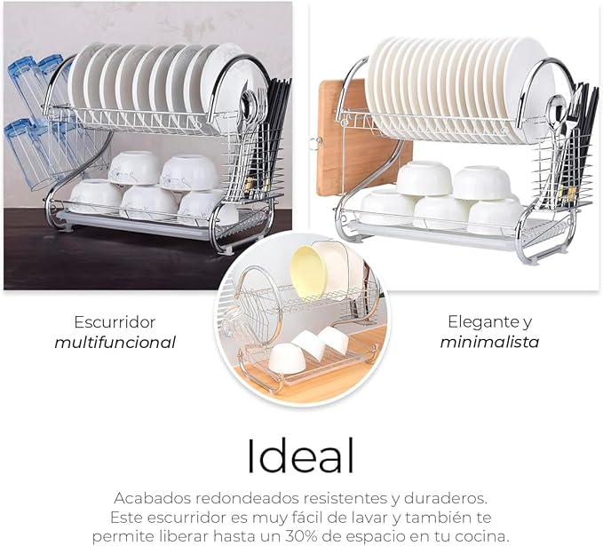 A Raganet, Escurridor de Trastes de 2 Niveles Acero Inoxidable, para Platos, Cubiertos, Vasos, Cromado Moderno
