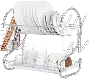 A Raganet, Escurridor de Trastes de 2 Niveles Acero Inoxidable, para Platos, Cubiertos, Vasos, Cromado Moderno