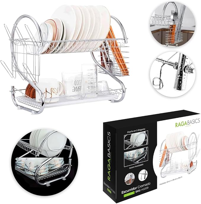 A Raganet, Escurridor de Trastes de 2 Niveles Acero Inoxidable, para Platos, Cubiertos, Vasos, Cromado Moderno