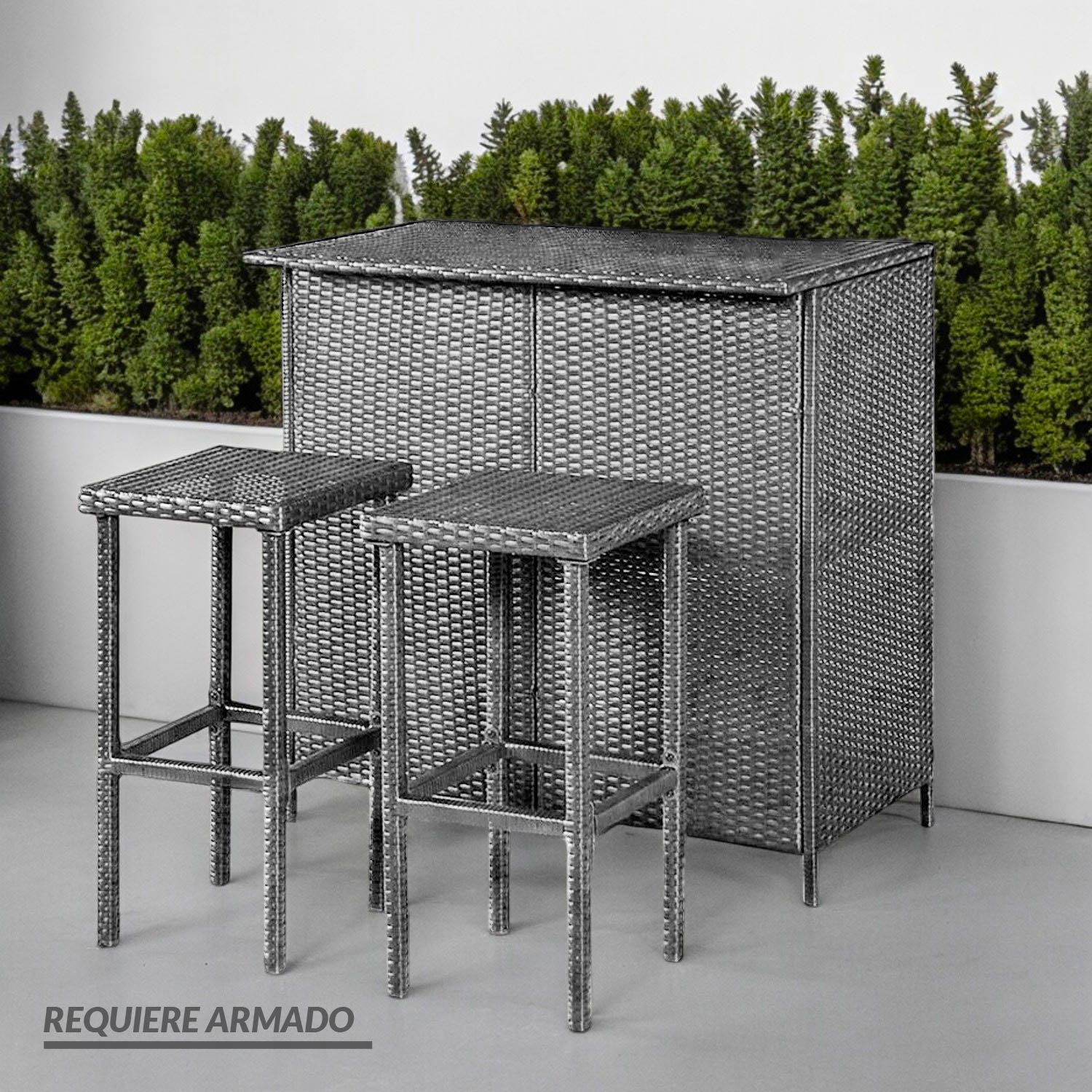 Ilios Innova | Juego de Bar 3 Piezas Cantina de Mimbre de ratán para jardín | Bar para Exteriores con juego de bancos | Mesa con 2 taburetes