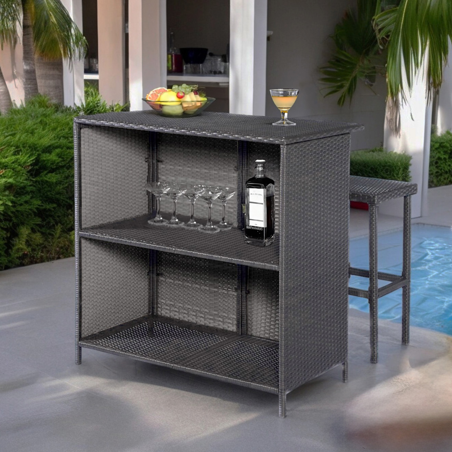 Ilios Innova | Juego de Bar 3 Piezas Cantina de Mimbre de ratán para jardín | Bar para Exteriores con juego de bancos | Mesa con 2 taburetes