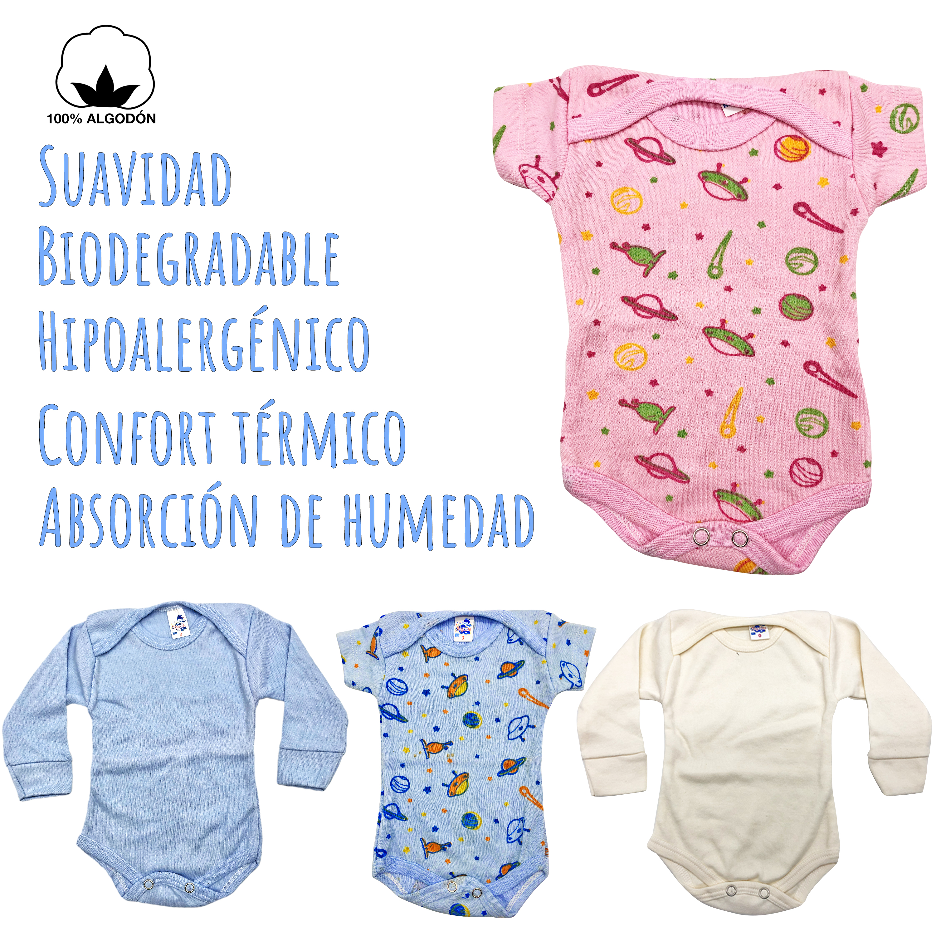 Pañalero Manga Larga y Manga corta Algodón Pack 4 Ecobaby Original