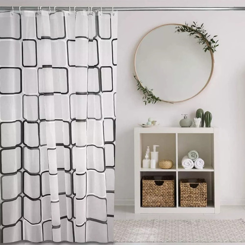 Cortina Baño Lavable Tela Impermeable Con Diseño+12 Ganchos